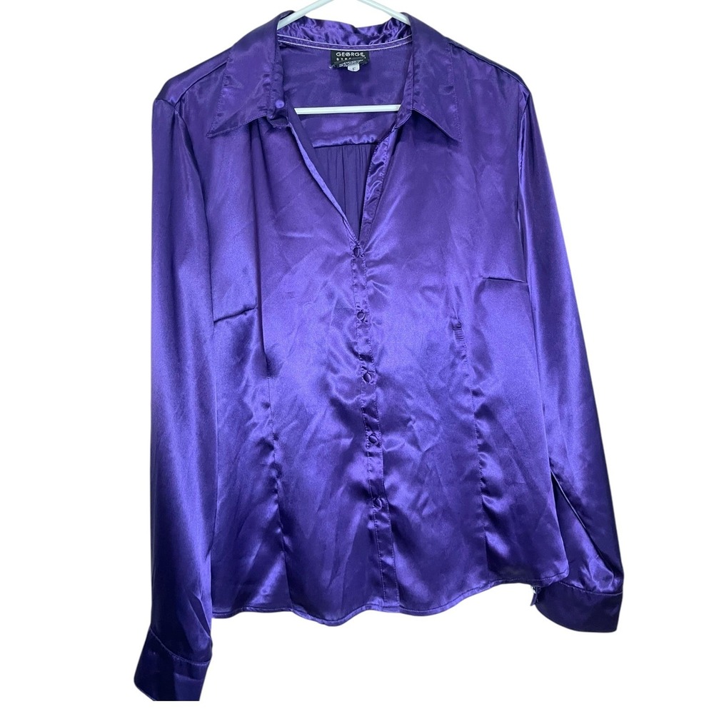 George XXL 20 Purple Concord Stretch Satin Button Down Shirt Rhinestone Glam Y2K
